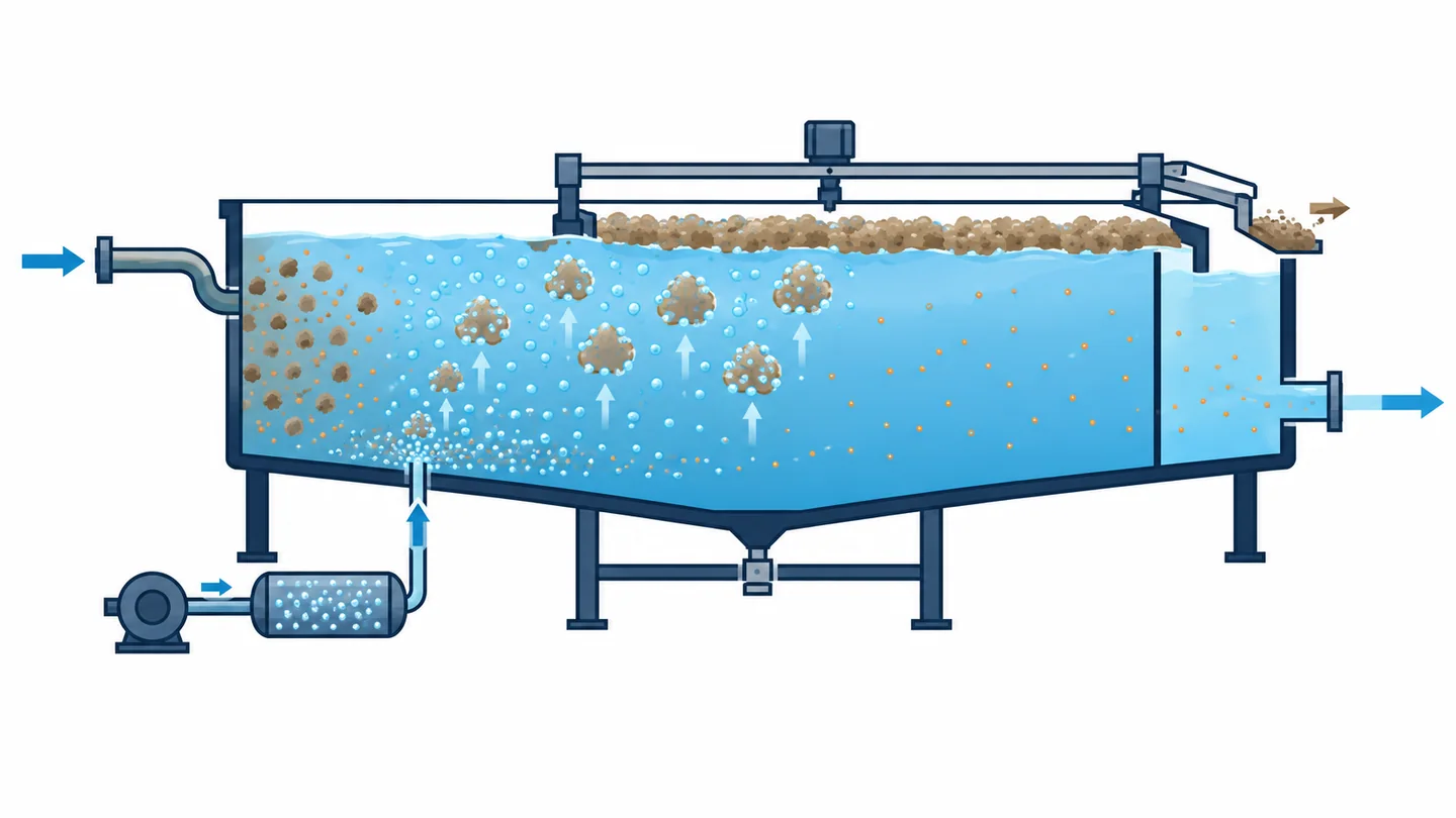 Conceptual DAF diagram showing floated flocs and residual dissolved organic material in the effluent.