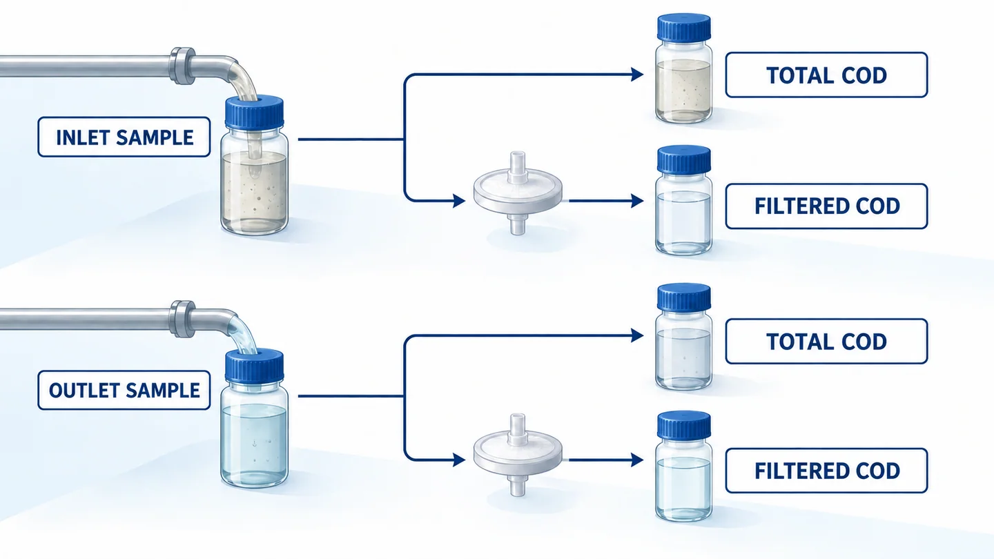 Paired wastewater sample sets for total and filtered COD comparison, shown as a conceptual laboratory workflow.