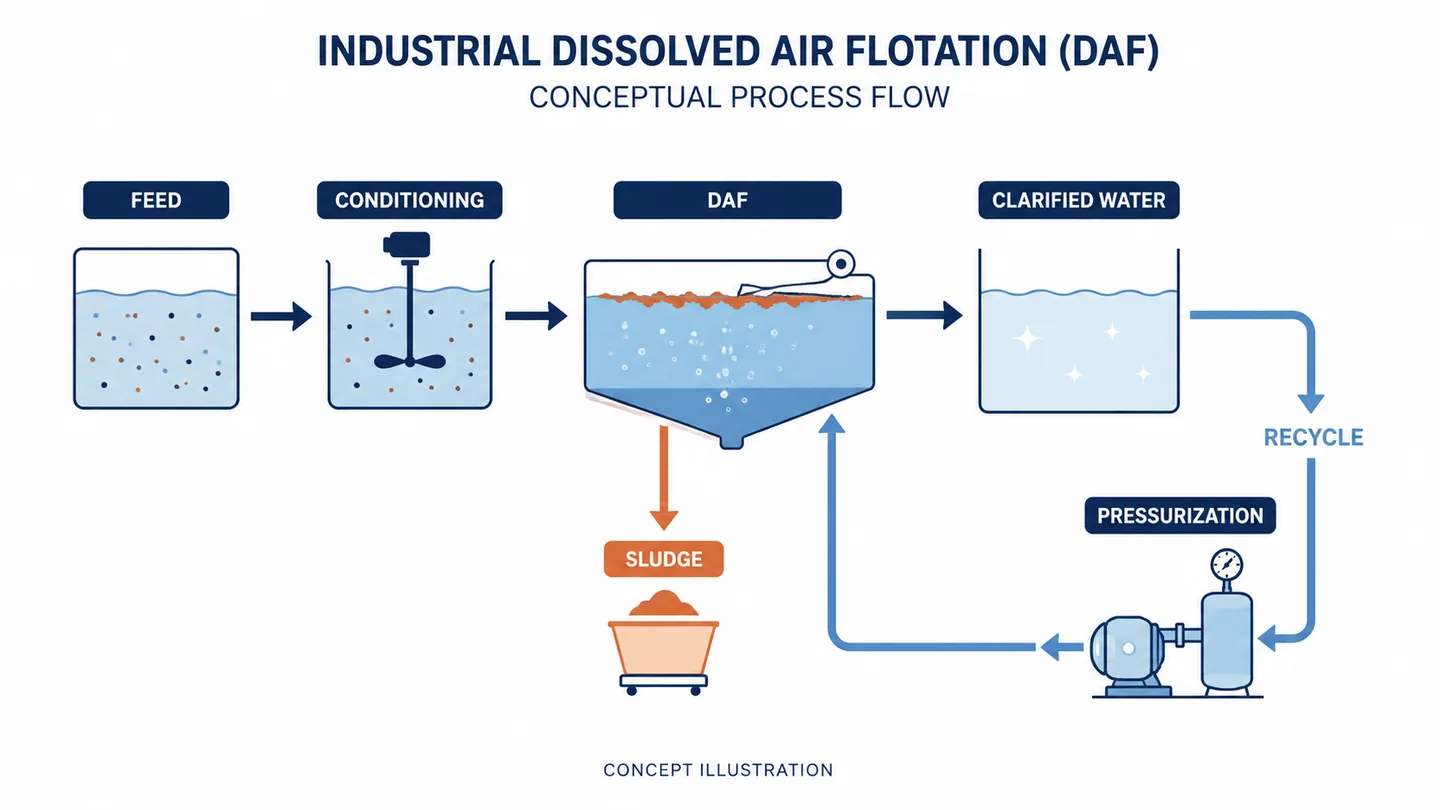 DAF process diagram showing chemical conditioning, flotation separation, recycle water, and sludge collection.