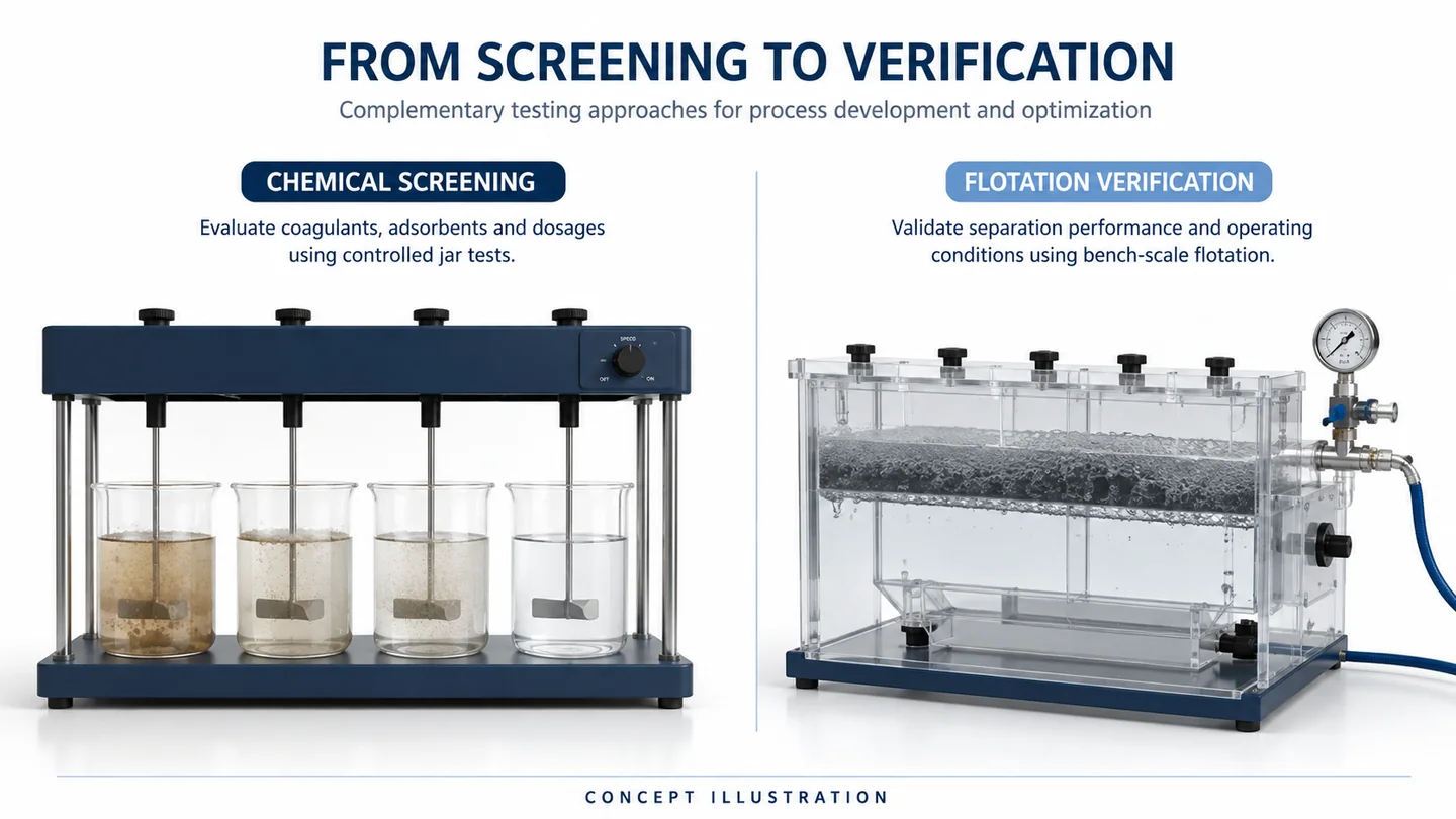 Illustrated jar-testing apparatus beside a separate bench flotation test vessel.