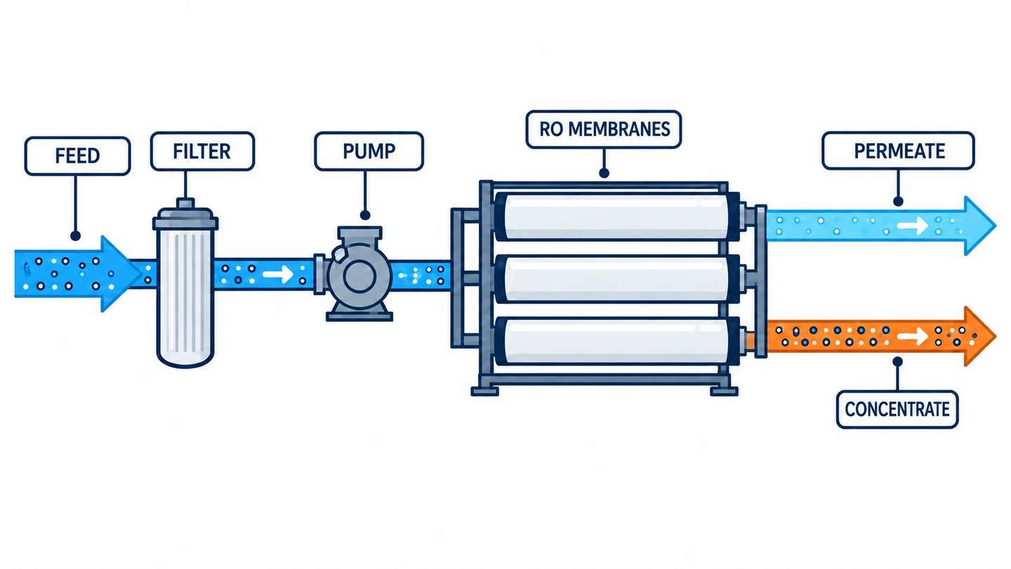 RO water balance diagram with separate feed, permeate, and concentrate streams.