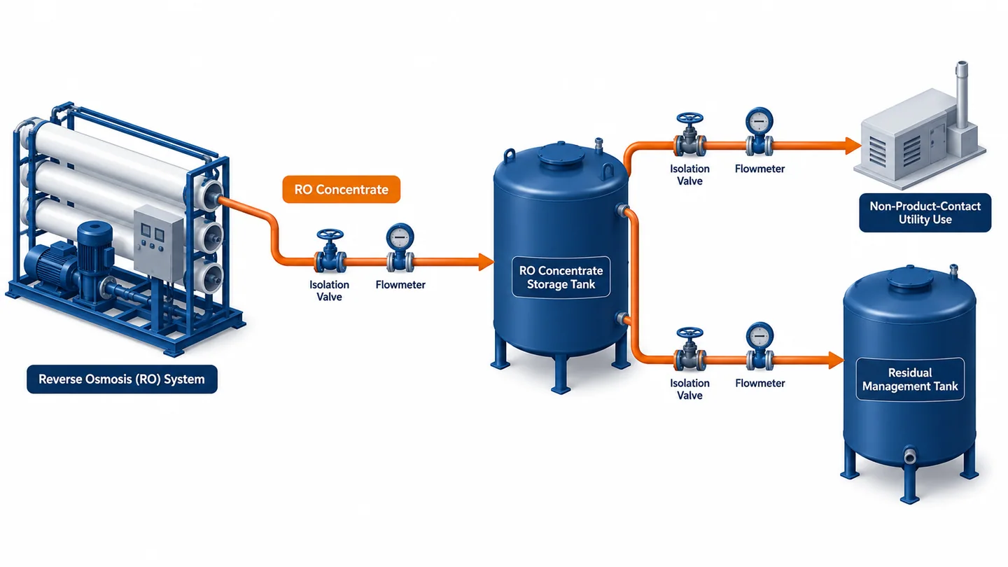 Concept illustration: RO concentrate tank connected to a controlled industrial reuse application and a residual management outlet.