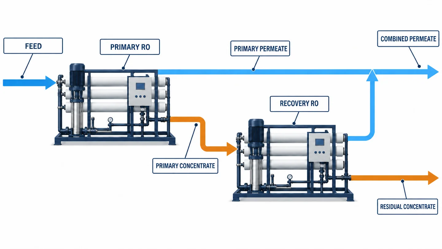 Primary RO concentrate feeding a separate recovery unit with additional permeate and residual concentrate outlets.