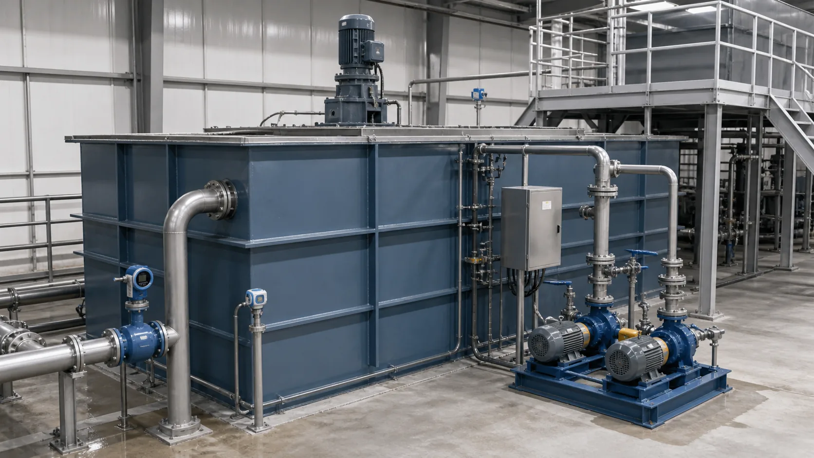 Illustrative industrial wastewater equalization tank with mixer pumps and level controls