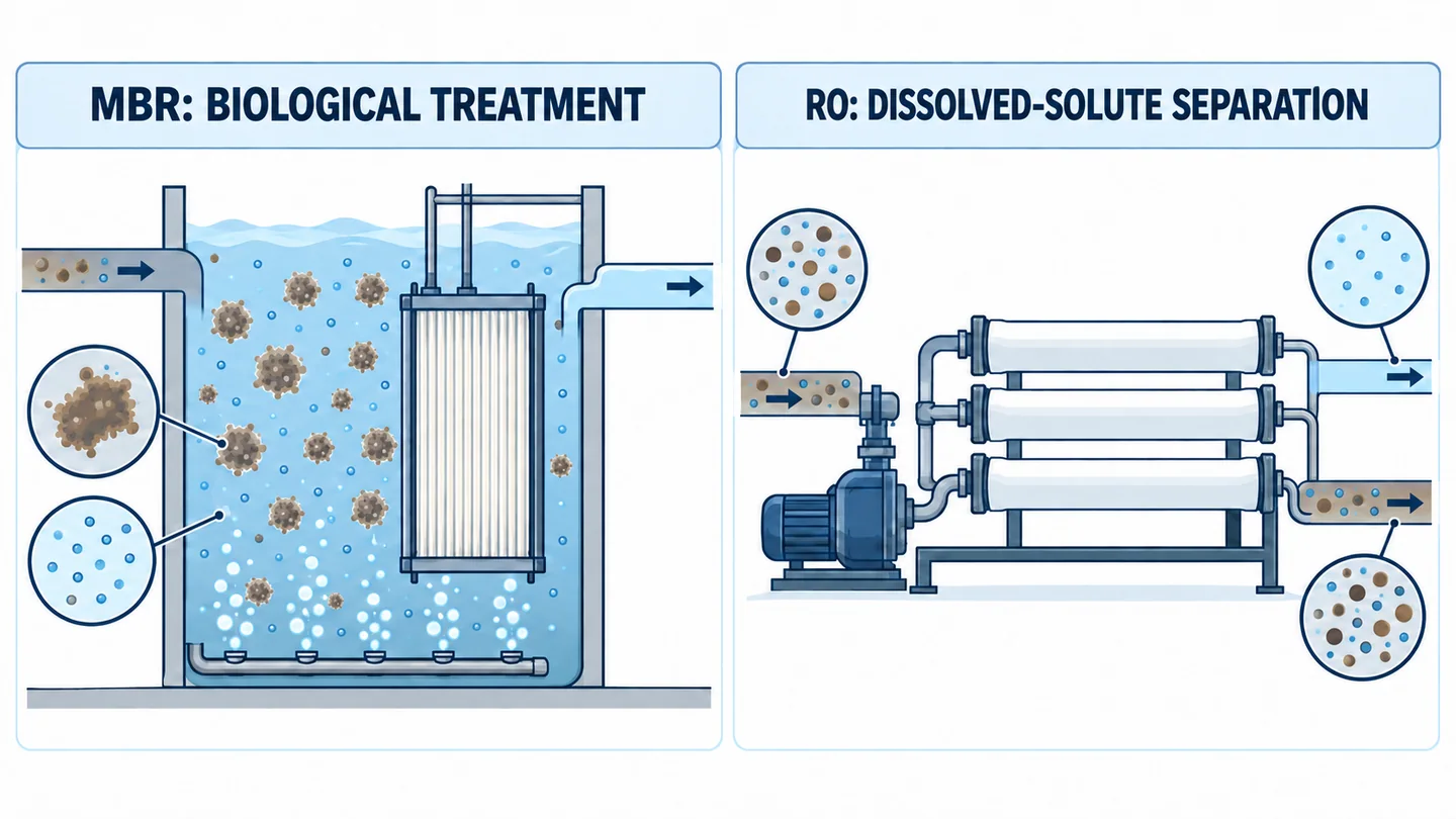 Side-by-side concept diagram comparing an MBR biological tank and a pressure-driven RO membrane system.