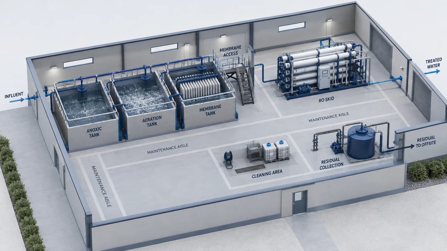 Concept illustration: Conceptual industrial reuse installation with MBR tanks, an RO skid, and visible maintenance access.