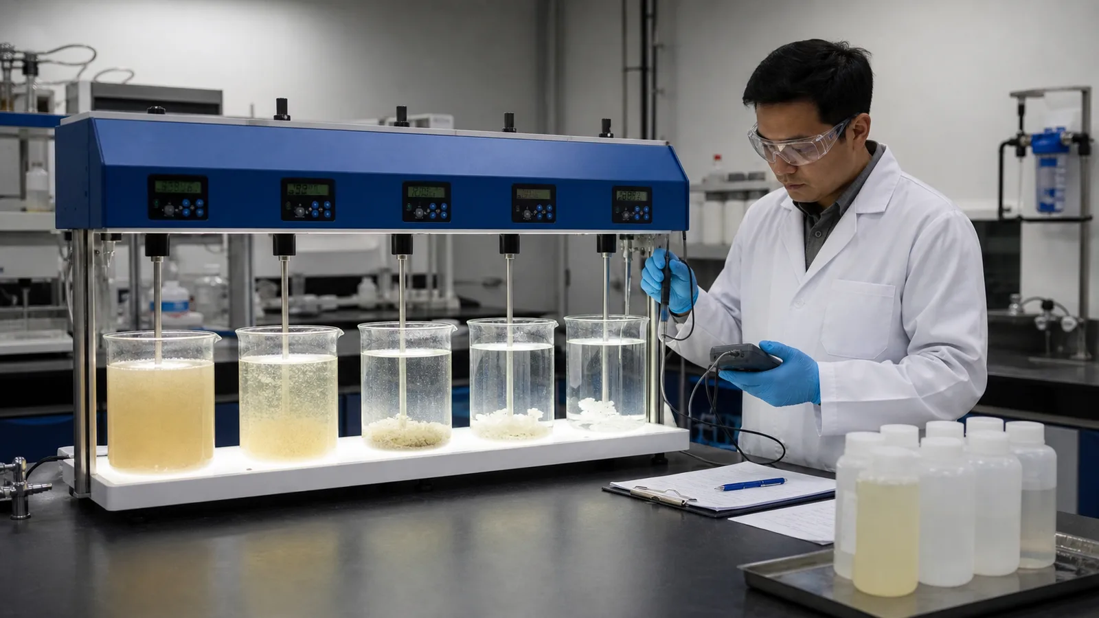 Jar testing batterie fabrication des eaux usées pour le traitement des métaux et des fluorures