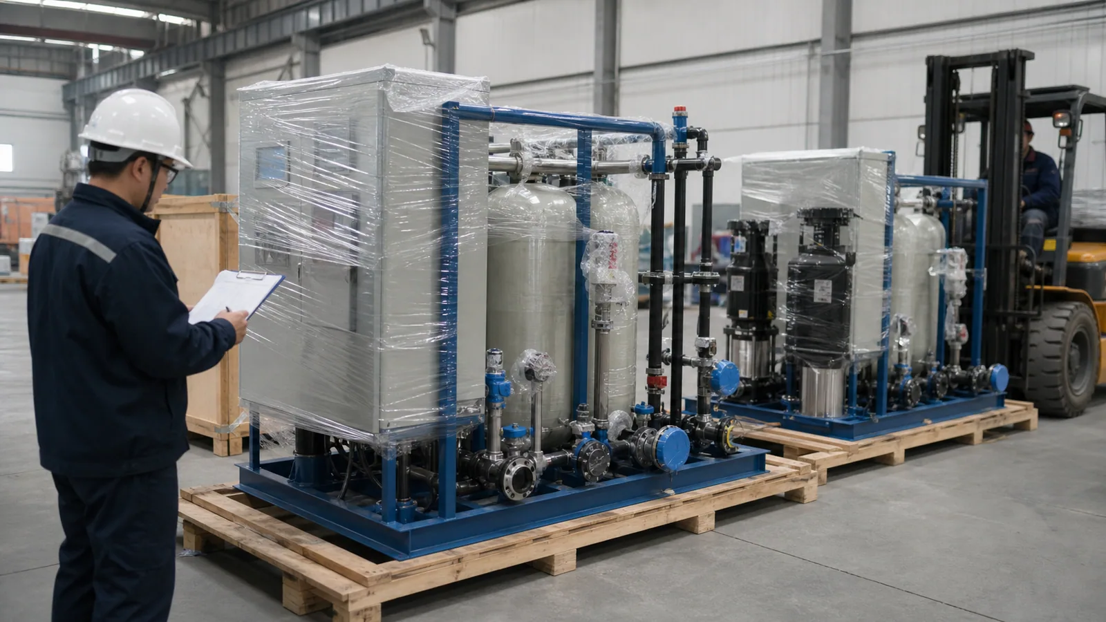 Shipment inspection of modular boiler makeup water treatment equipment
