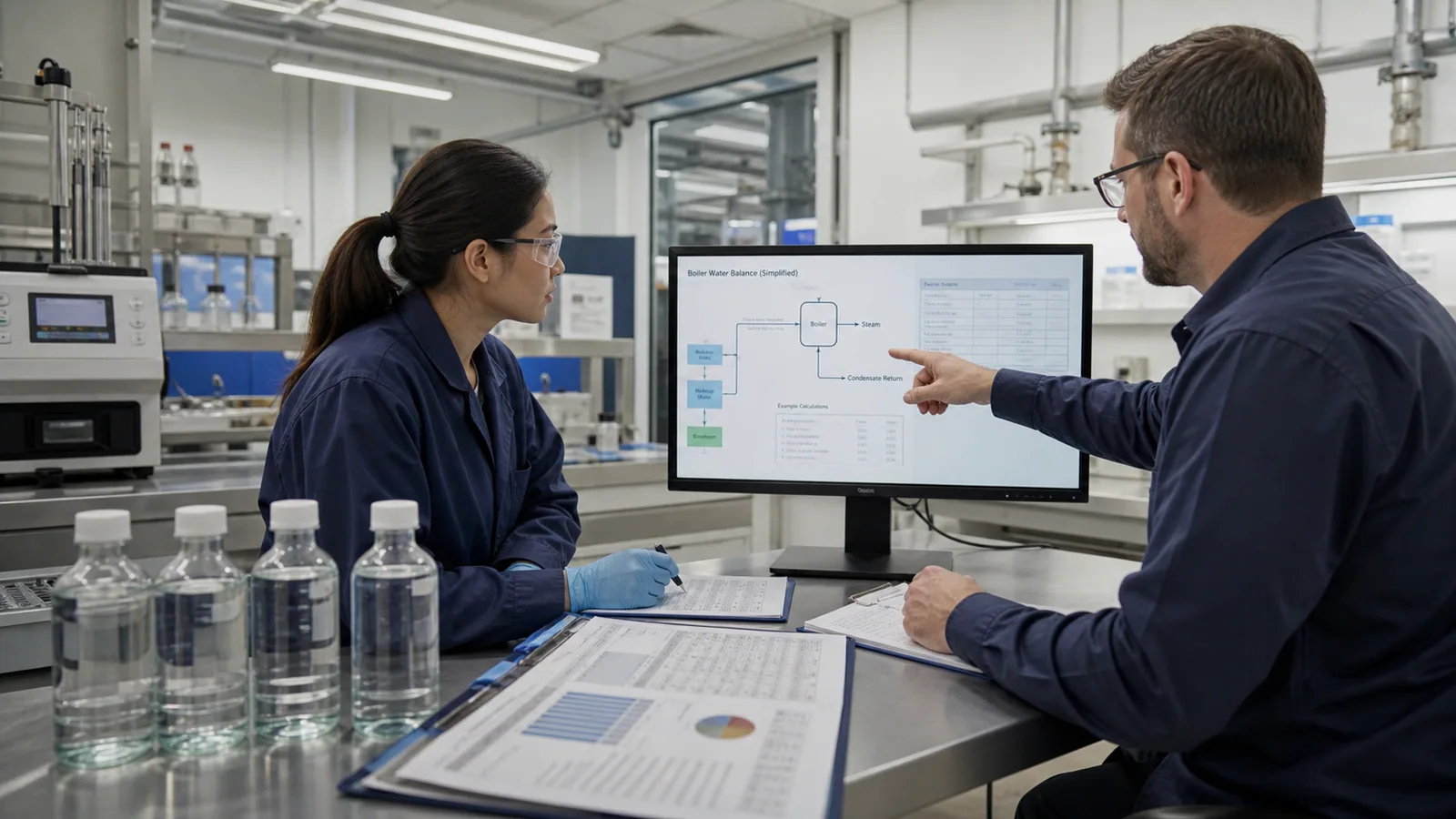 Engineer reviewing boiler makeup water laboratory analysis and water balance