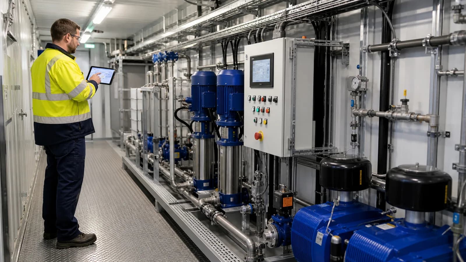 Bir konteynerli kanalizasyon arıtma tesisi için fabrika testleri kontrolleri