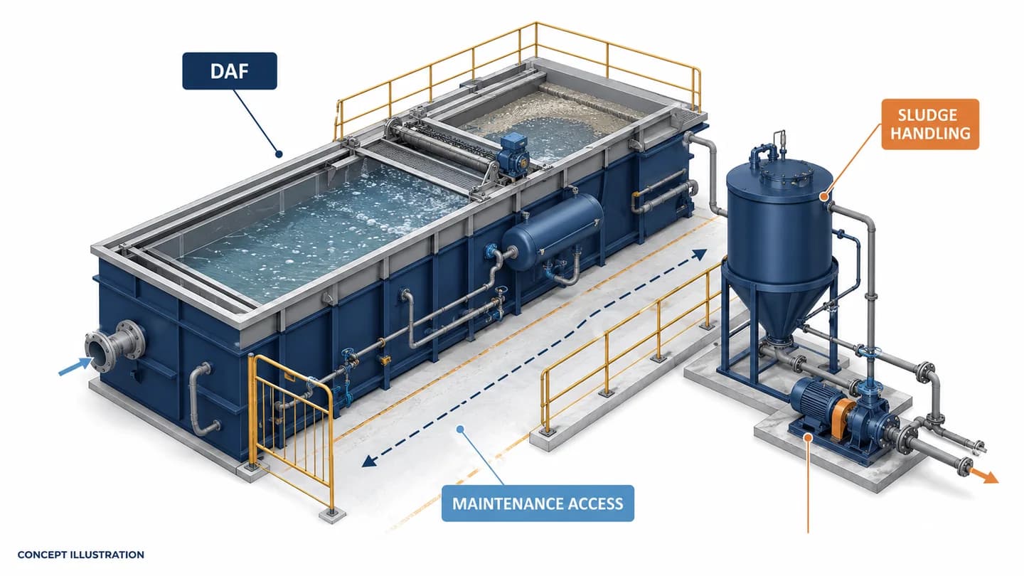 Concept illustration: Industrial DAF layout with sludge collection, transfer pump, and surrounding maintenance space.