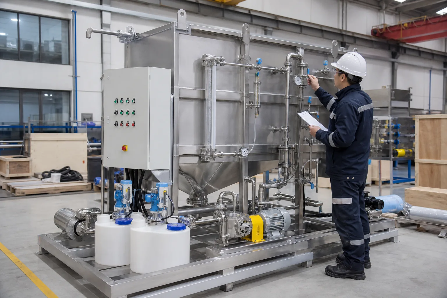 Illustrative pre-shipment inspection of packaged dairy wastewater treatment equipment