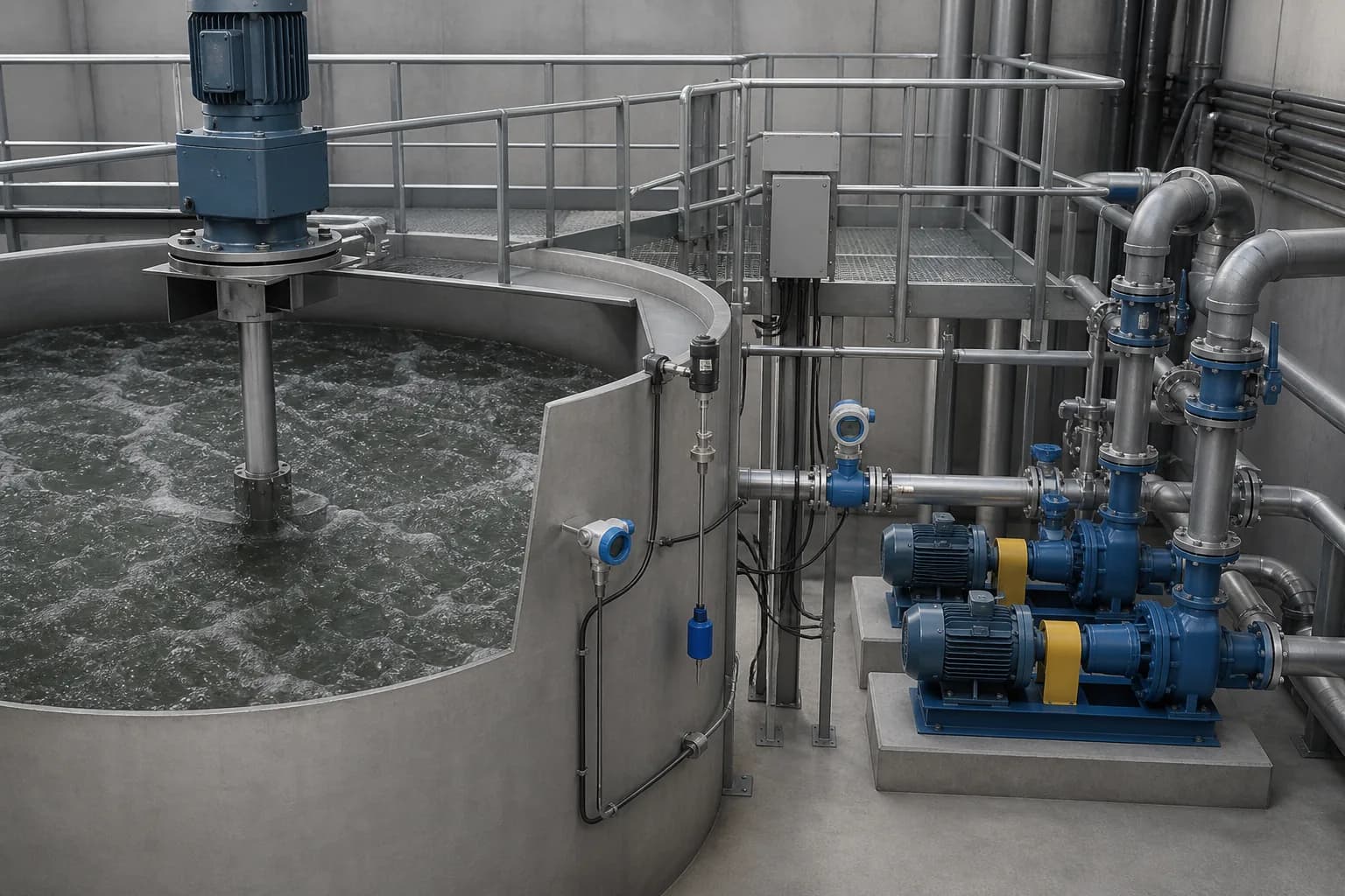 Illustrative equalization tank mixing and level-control arrangement