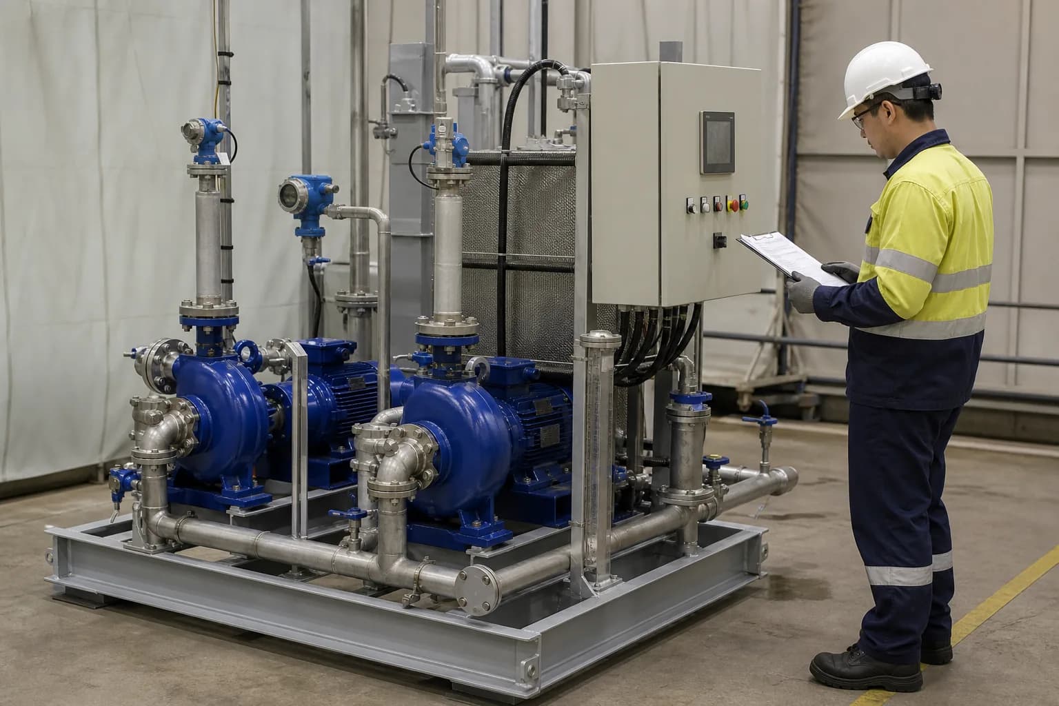 Illustrative inspection of equalization pumps instruments and control skid before shipment