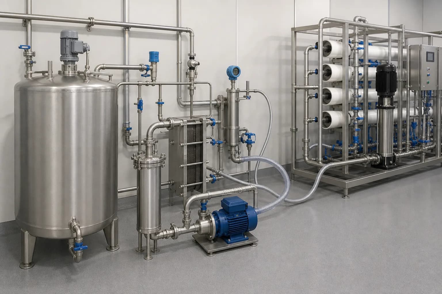 Illustrative RO clean-in-place system with tank pump filter and instruments