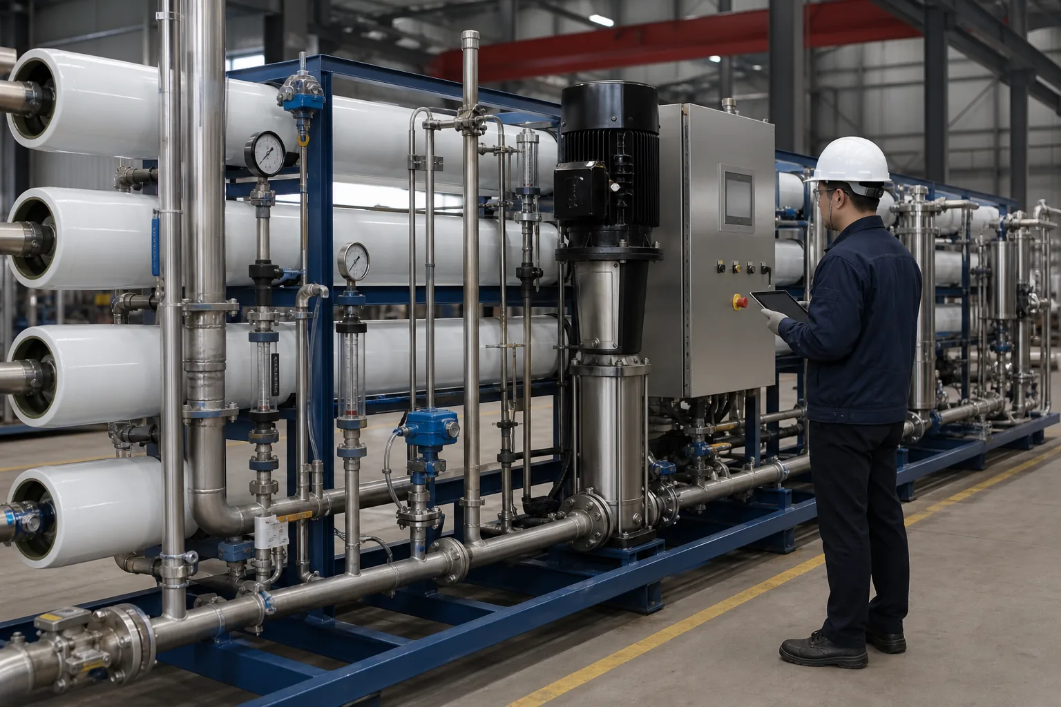 Illustrative factory inspection of an industrial RO skid before shipment