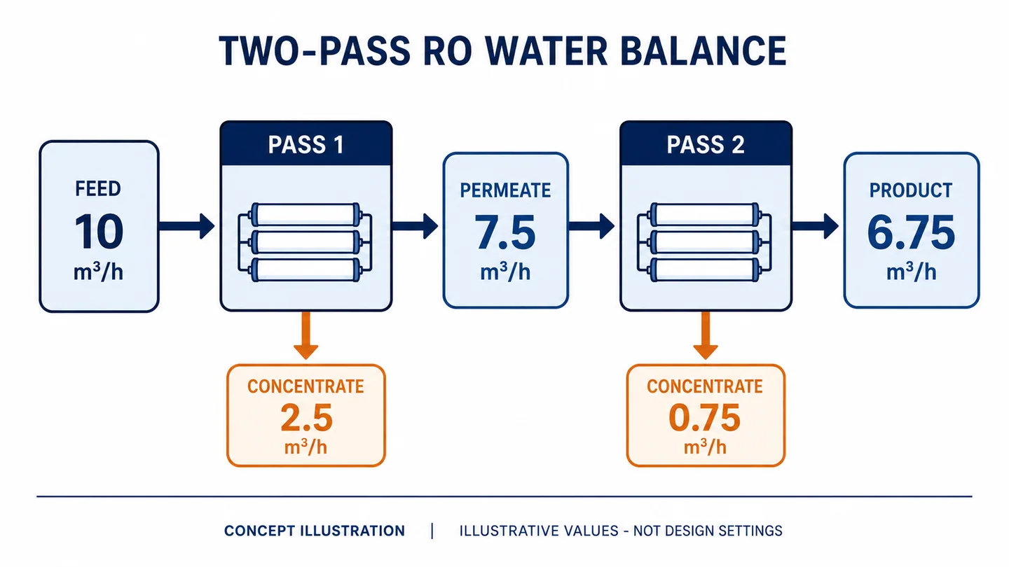 Two-pass RO water balance with separate first-pass and second-pass concentrate streams.