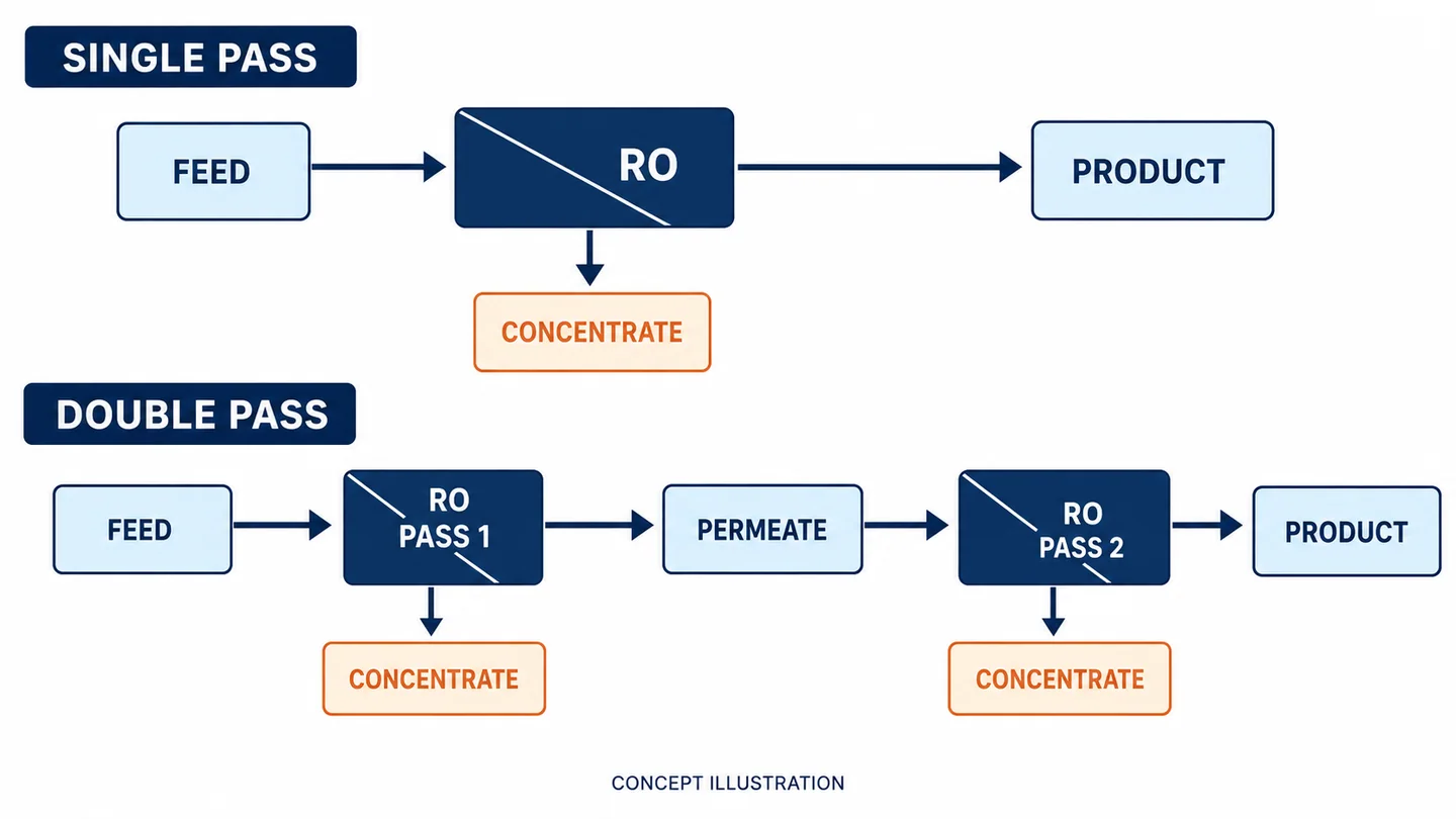 Single-pass and double-pass reverse osmosis diagrams with separate permeate and concentrate paths.