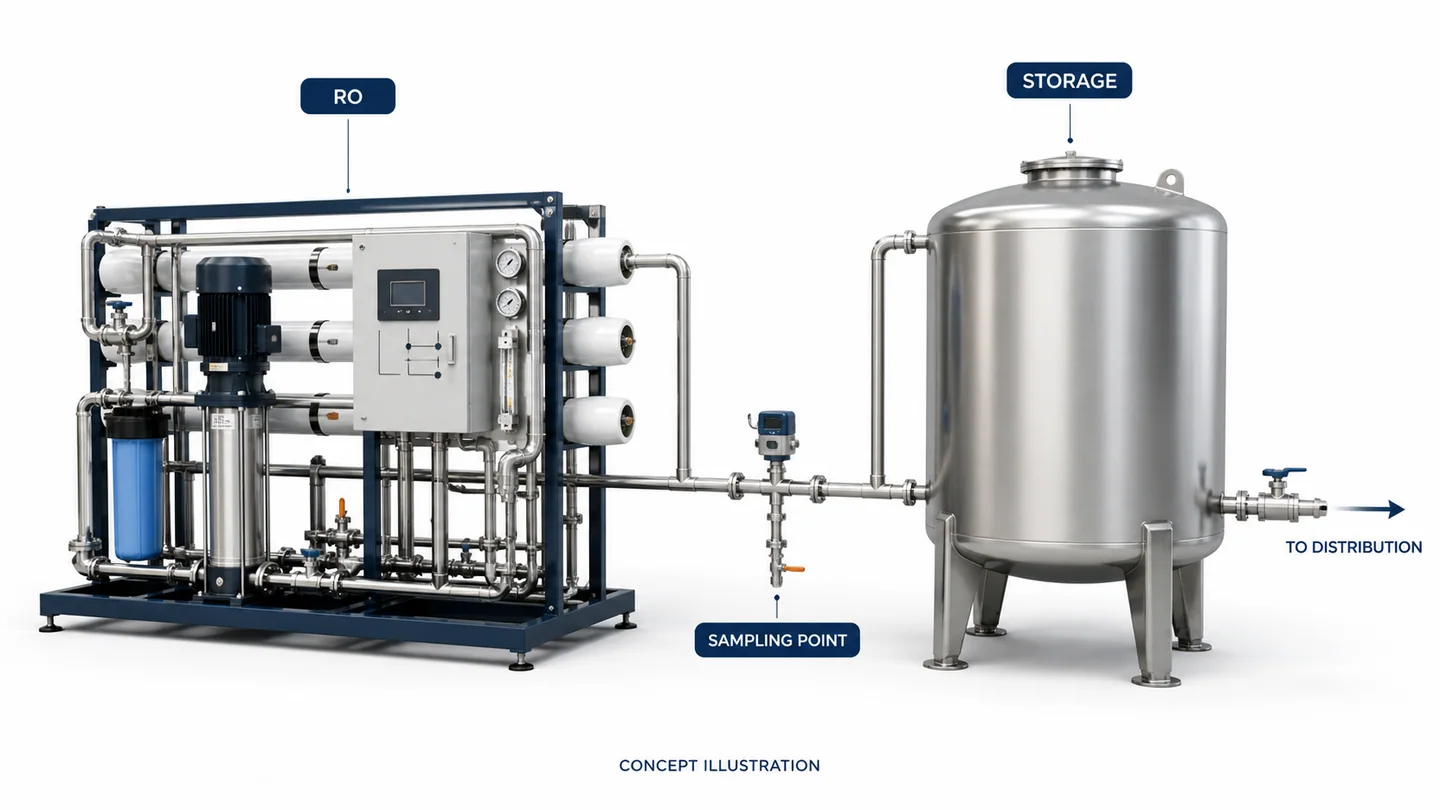 RO product-water tank and distribution piping with an inline monitor and sample valve.