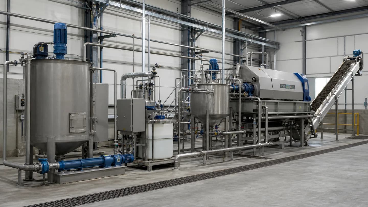 Industrial sludge dewatering system with polymer dosing and cake conveyor