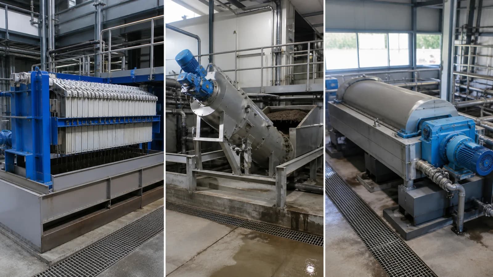 Comparaison de la déshydratation des boues par filtre-presse, presse à vis et centrifugeuse décanteuse