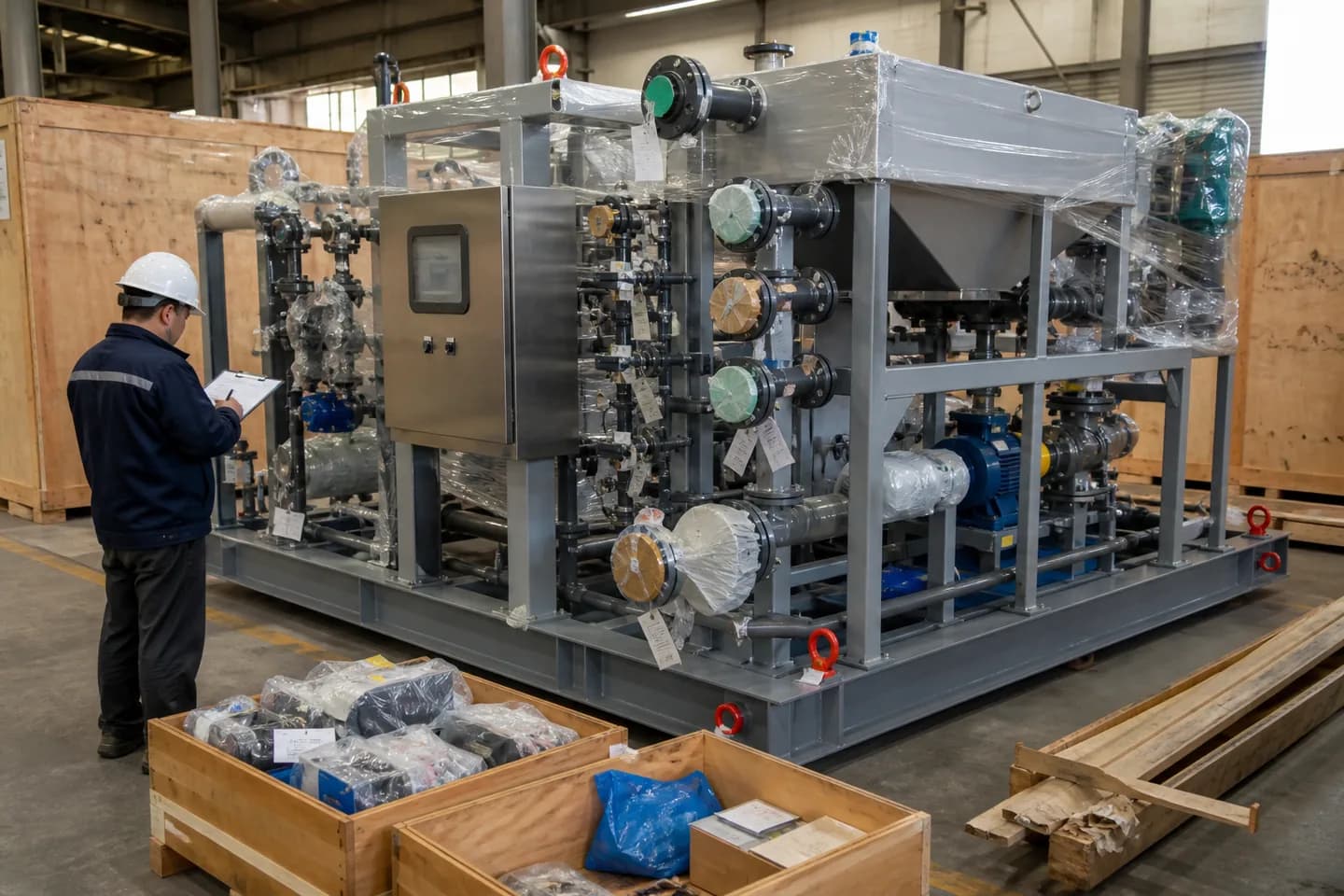 Pre-shipment inspection and installation preparation for sludge dewatering equipment