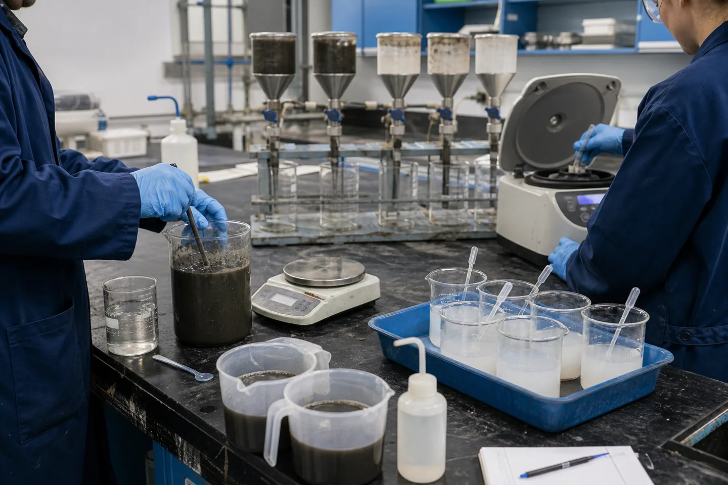 Technicians preparing representative sludge samples for dewatering tests