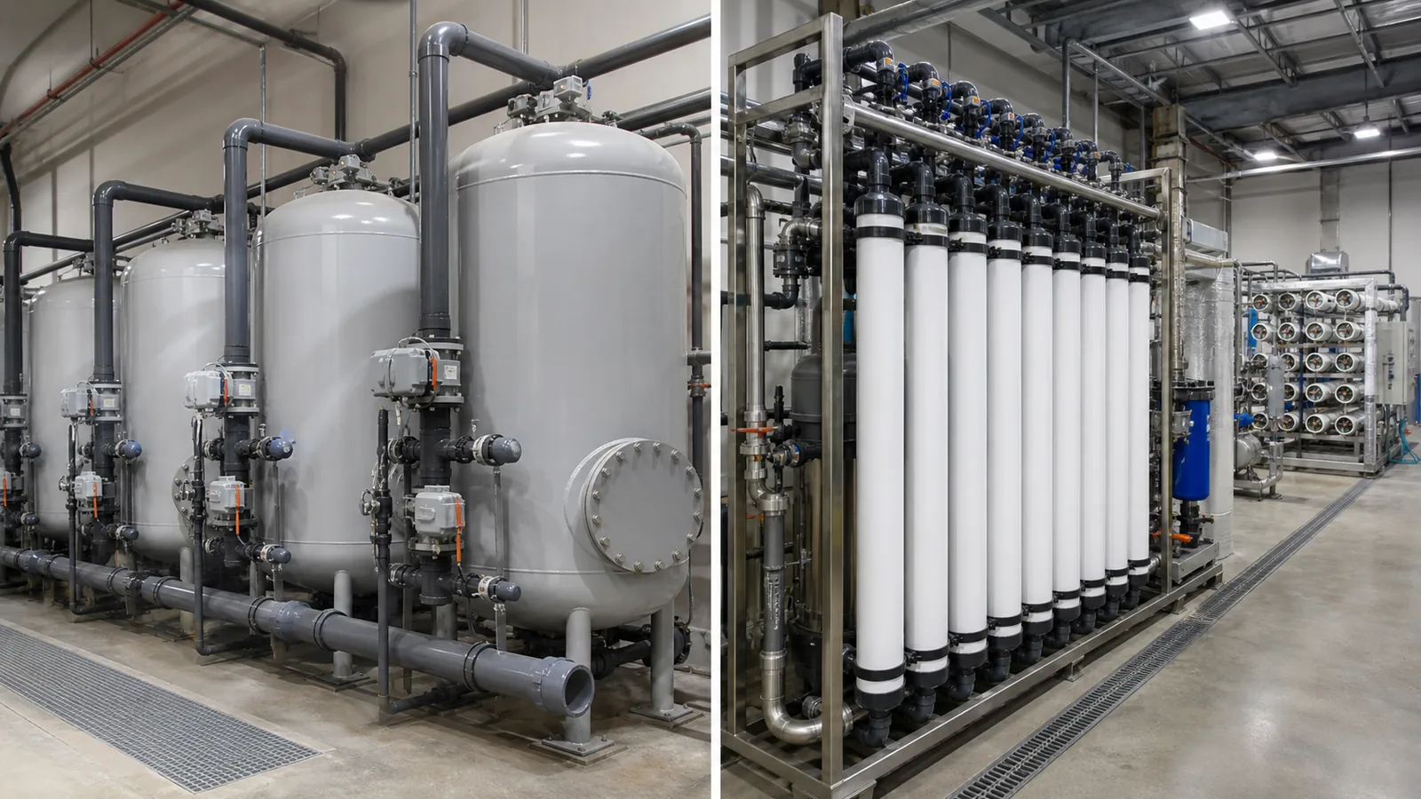 Filtres multimédias et skids d'ultrafiltration utilisés en prétraitement de l'osmose inverse