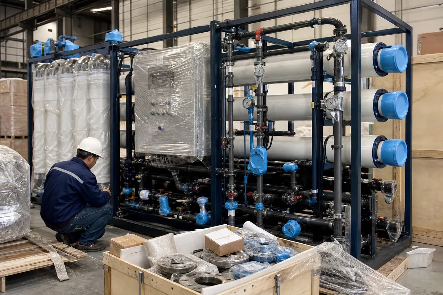 Pre-shipment inspection of packaged reverse-osmosis pretreatment equipment