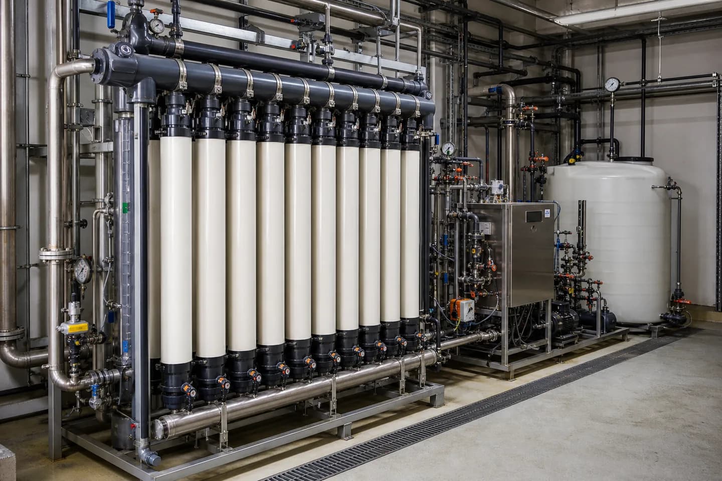 Industrial ultrafiltration membrane rack with backwash and CIP piping