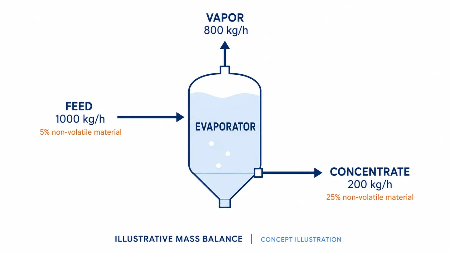 Evaporator mass balance diagram with feed inlet, vapor outlet, and concentrate outlet.