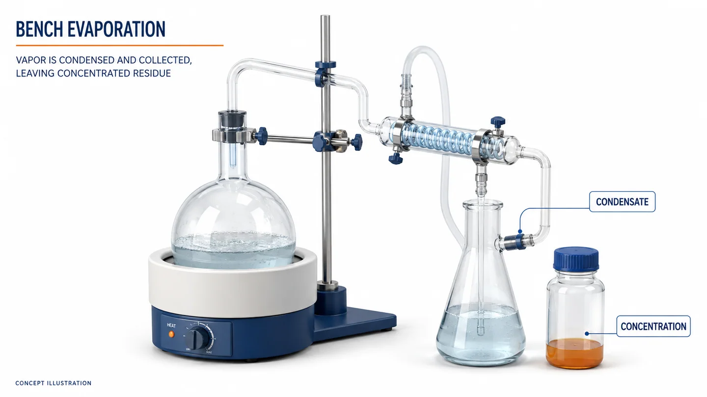 Bench evaporation illustration showing liquid concentration, surface foam, and separate condensate collection.