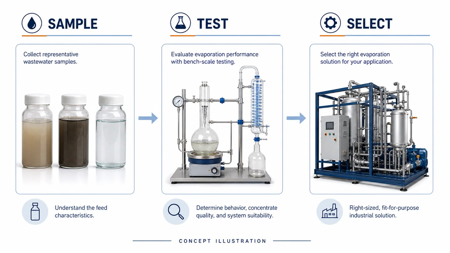 Wastewater sample, bench evaporation setup, and industrial evaporator shown as a testing-to-selection sequence.