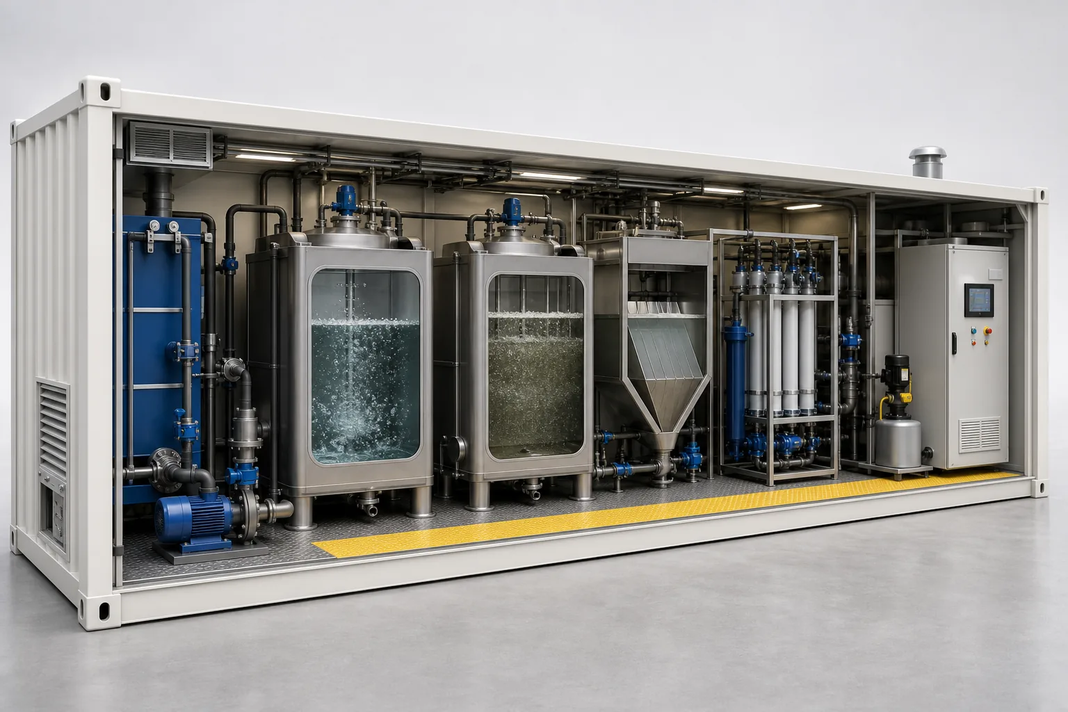 Conceptual cutaway of a containerized water treatment system with biological treatment, clarification, membranes and controls