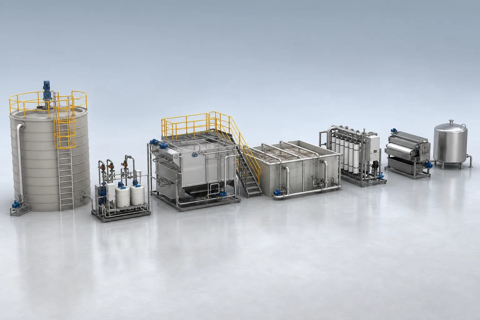 Conceptual industrial wastewater treatment system with equalization, chemical treatment, biological treatment, membranes and sludge handling