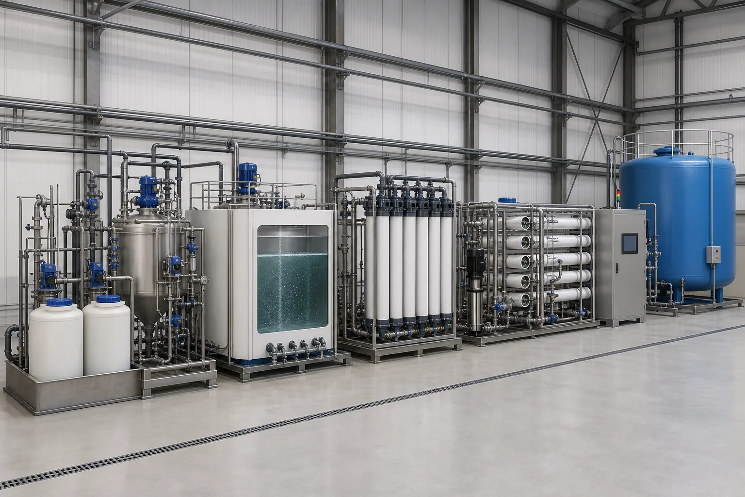 Conceptual industrial water reuse system with chemical treatment, biological polishing, ultrafiltration, reverse osmosis and reuse-water storage