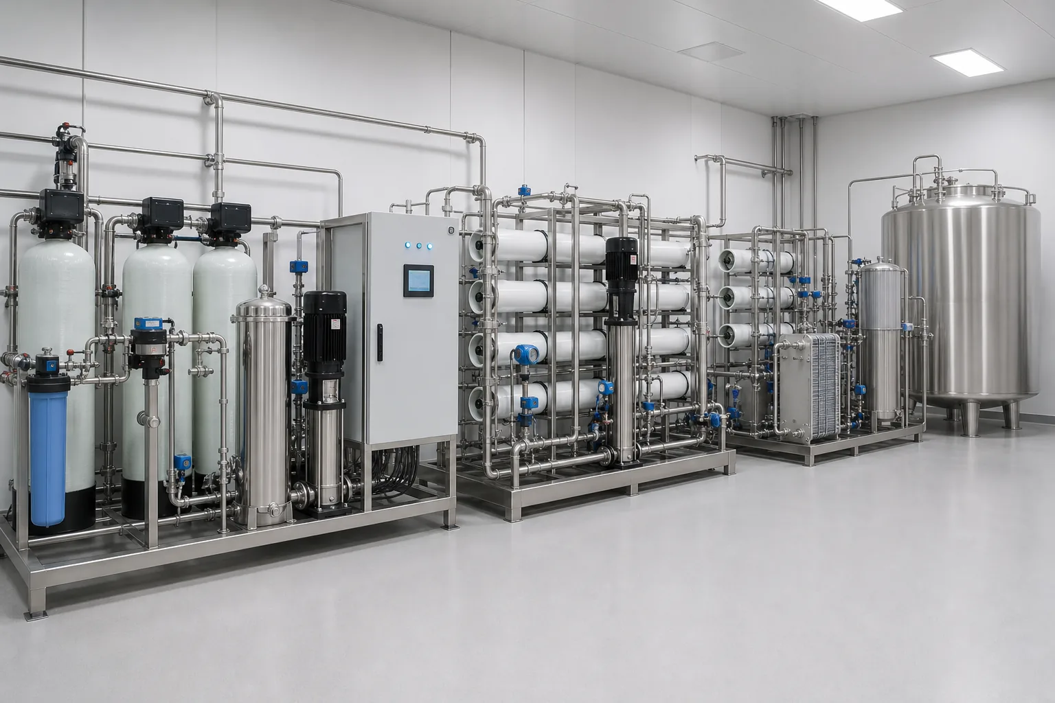 Conceptual ultrapure water system with pretreatment, reverse osmosis, EDI polishing, monitoring and product-water storage