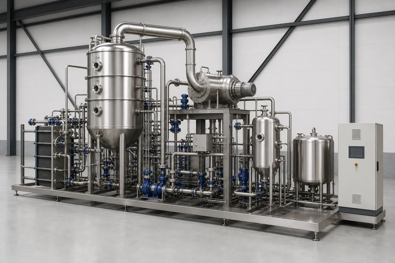 Conceptual wastewater evaporator with vessel, heat exchanger, vapor compressor, pumps, separator and control cabinet
