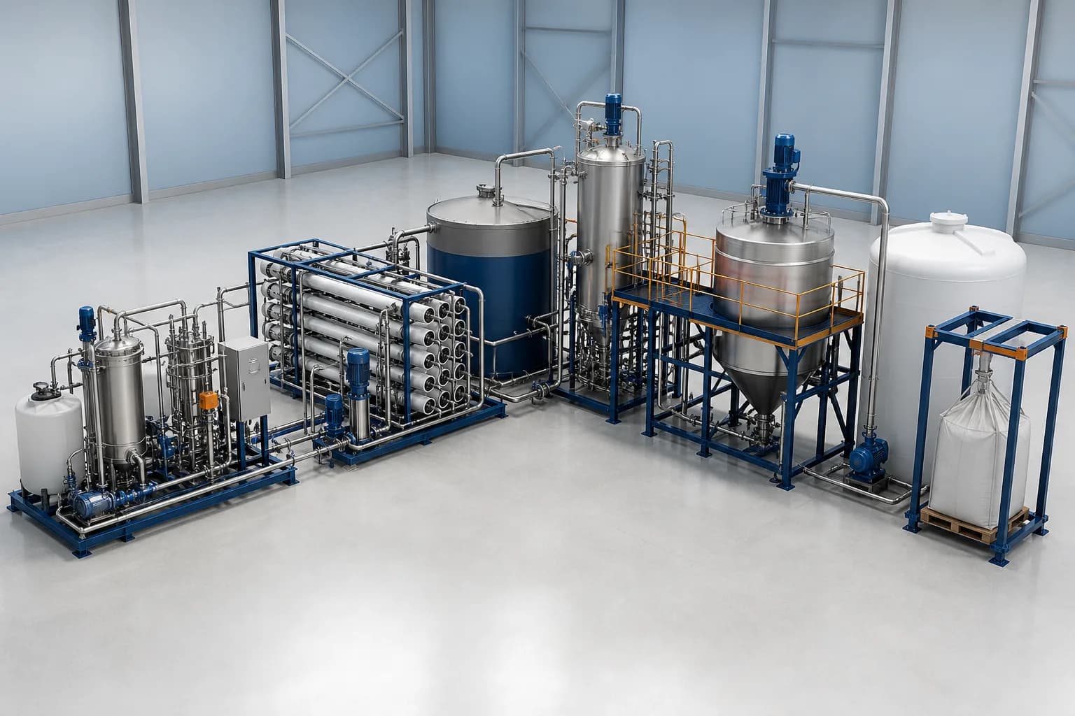 Conceptual zero liquid discharge system with pretreatment, membrane concentration, evaporation, crystallization and solids collection