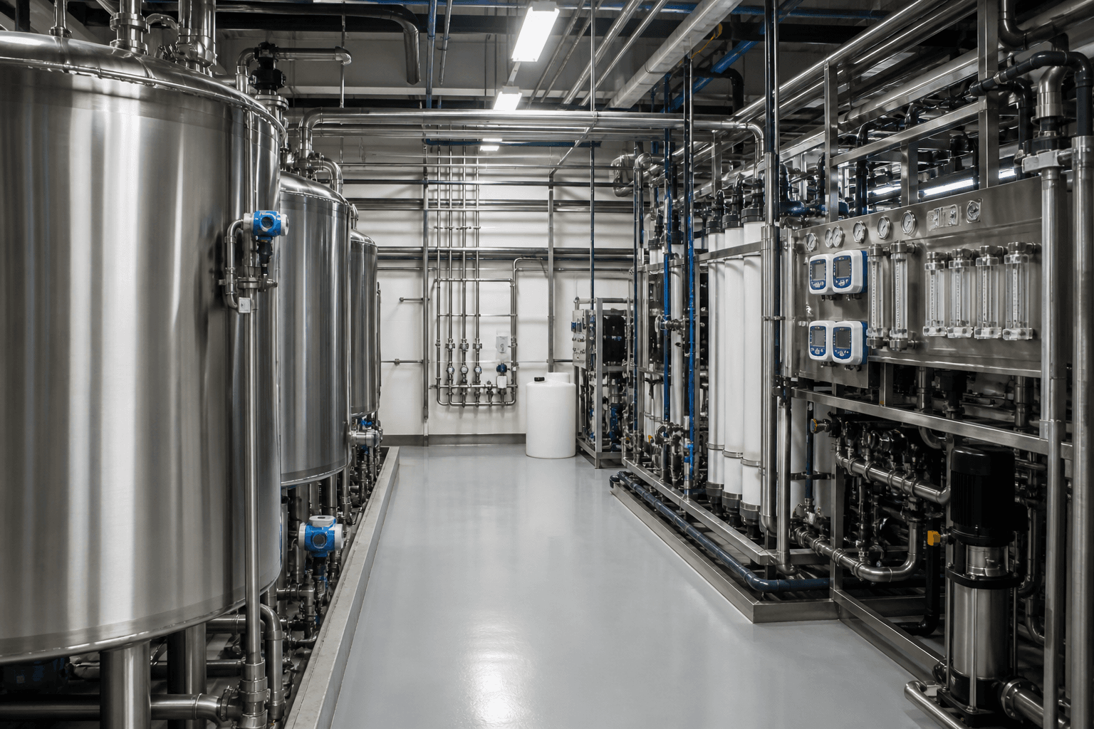 Battery process-water treatment and distribution equipment with stainless steel tanks