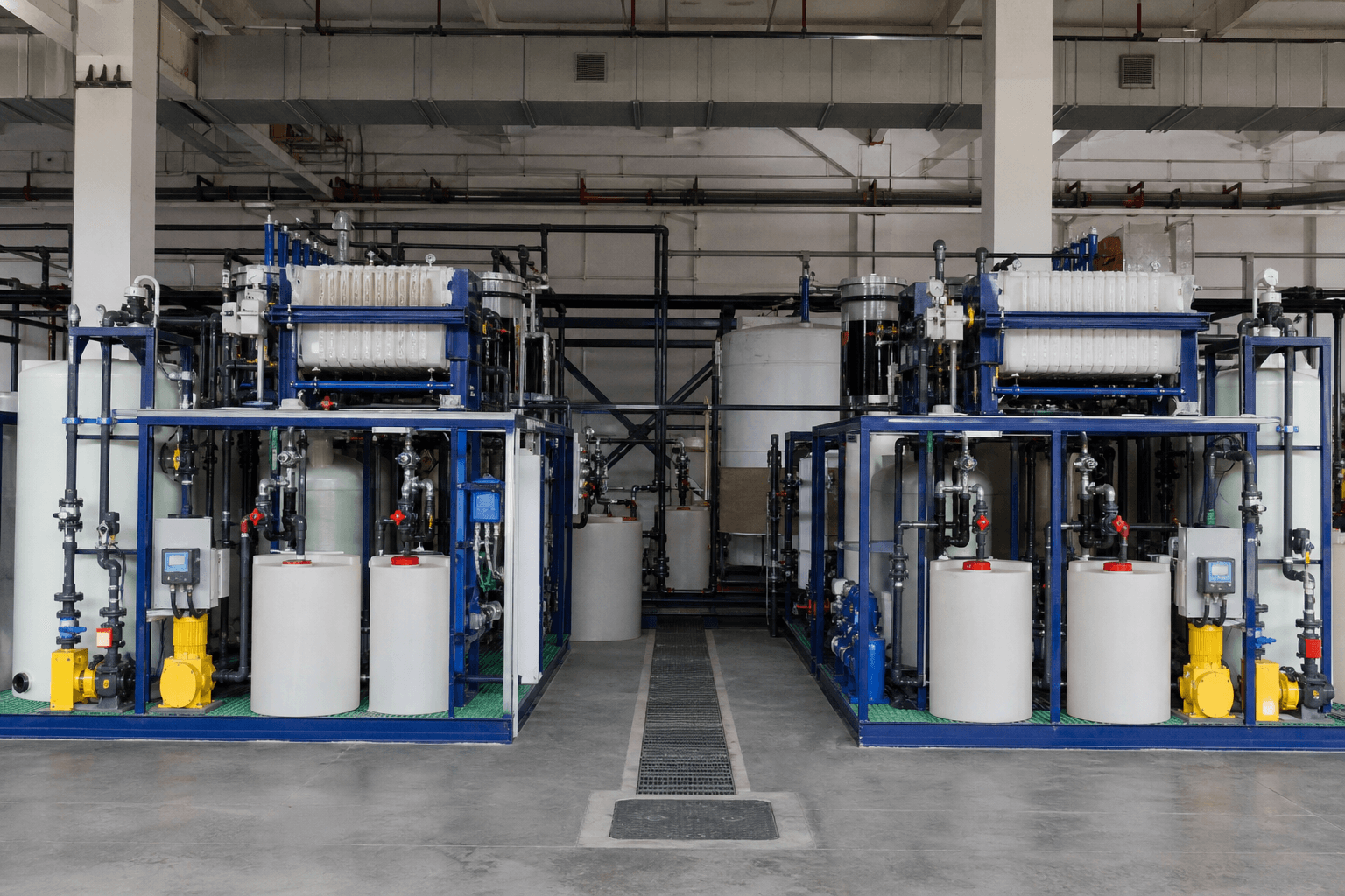 Separate battery wastewater treatment skids with dosing tanks and solids separation equipment