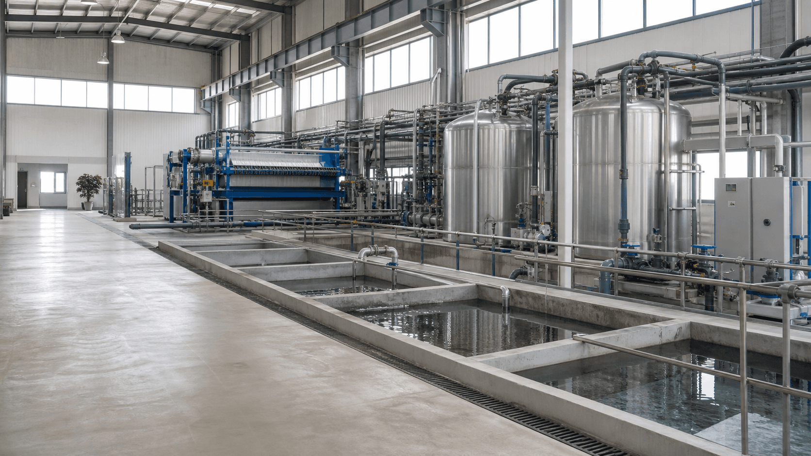 Centralized industrial park wastewater treatment plant with treatment basins and filter press equipment