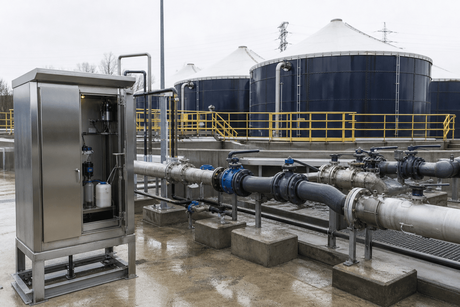 Industrial park influent monitoring station and emergency holding tanks