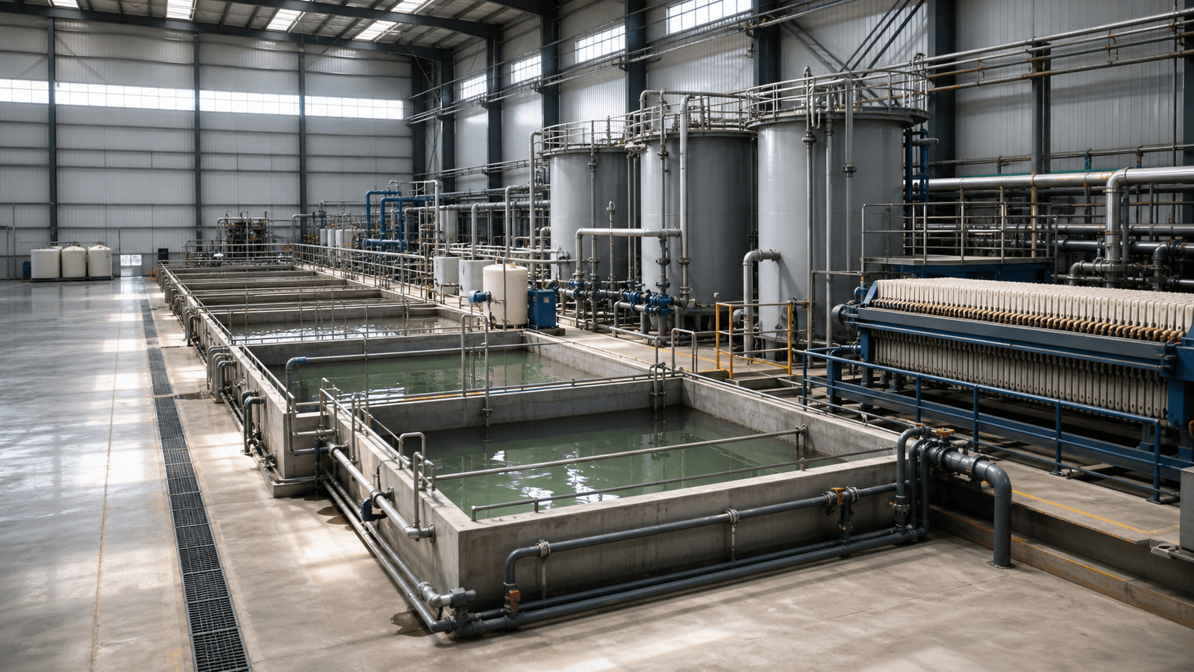 Textile dyeing wastewater treatment plant with clarification basins and filter press equipment